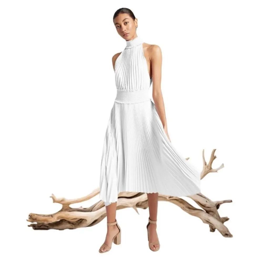 A.L.C. "Renzo B" White High-Neck Pleated Smocked Midi Dress
ZZ8